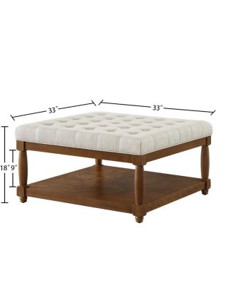  Large Square Tufted Linen Ottoman Coffee Table with Solid Wood Shelf