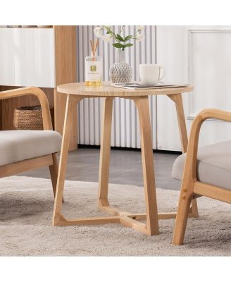 24" Round Mid Century Modern Solid Wood End Table with V-Shaped Legs