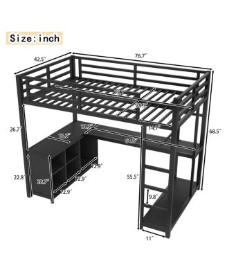 Metal Loft Bed with Wardrobe, L-shaped Desk & Storage, Black