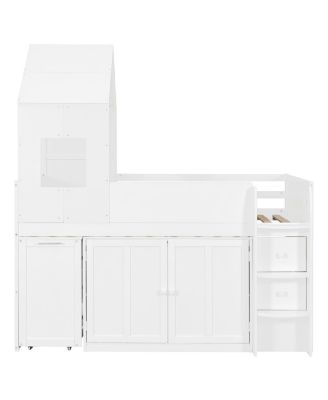 Twin Size Wooden Loft Bed with Desk, Drawers and Cabinets
