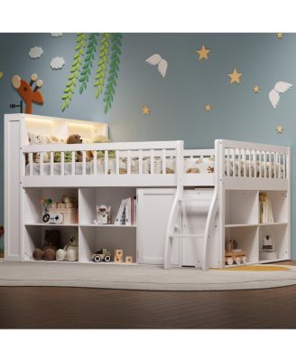 Full Size Loft Bed with LED Headboard and Storage