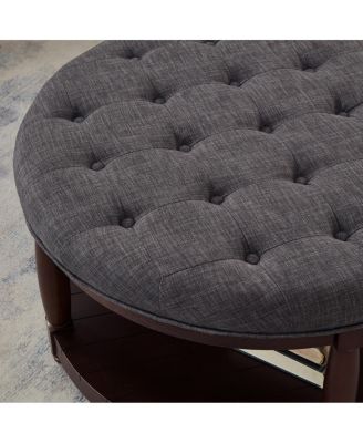 Large Round Tufted Linen Ottoman Coffee Table with Wood Shelf
