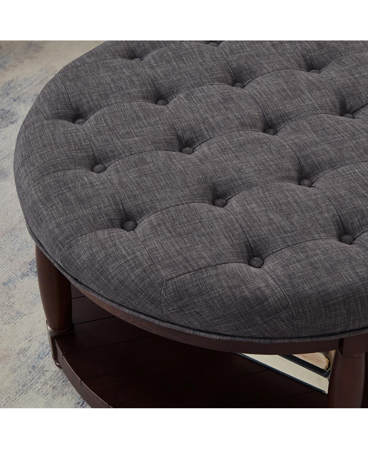 Streamdale Furniture Large Round Tufted Linen Ottoman Coffee Table with Wood Shelf