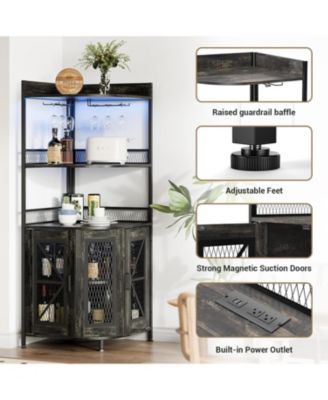 64 Inch Tall Corner Bar Cabinet with LED Strip 5-Tiers Industrial Bar Cabinet with Power Outlet and Glass Holder Wine Cabinet