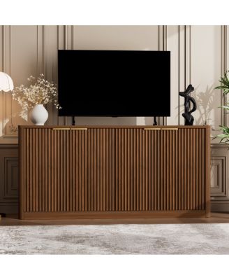 59-inch Modern Wavy Sideboard, Curved Contour 4-Door Storage Cabinet, Walnut