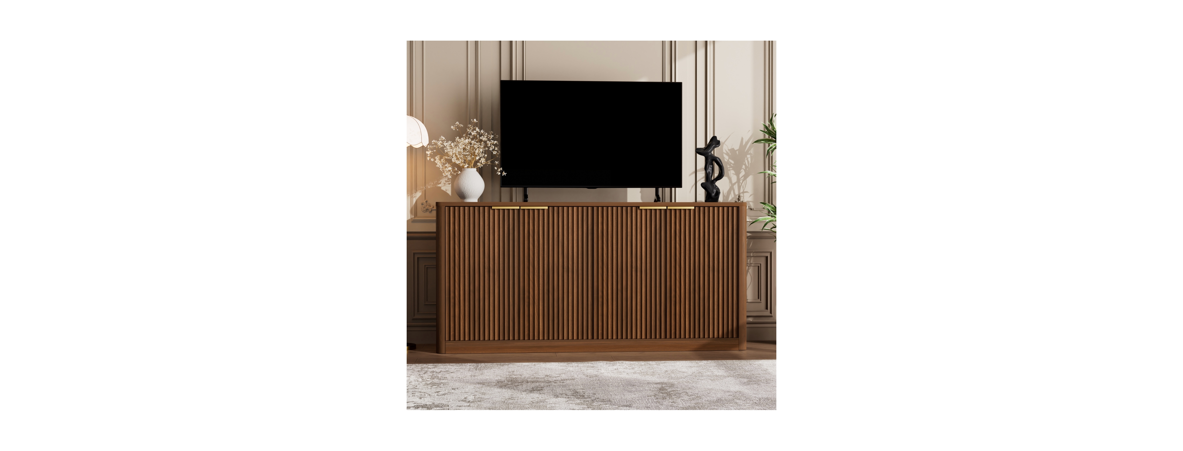 Streamdale Furniture 59-inch Modern Wavy Sideboard, Curved Contour 4-Door Storage Cabinet, Walnut