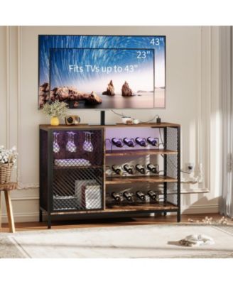 42-Inch Industrial Coffee Bar Cabinet with LED Lights, Power Outlets, Wood Liquor Cabinet with Doors, Glass Holders & Storage