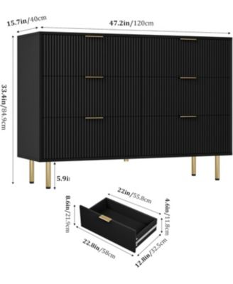 "47" wide modern 6 drawer fluted dresser with metal handles—wood chest for bedroom or living room."
