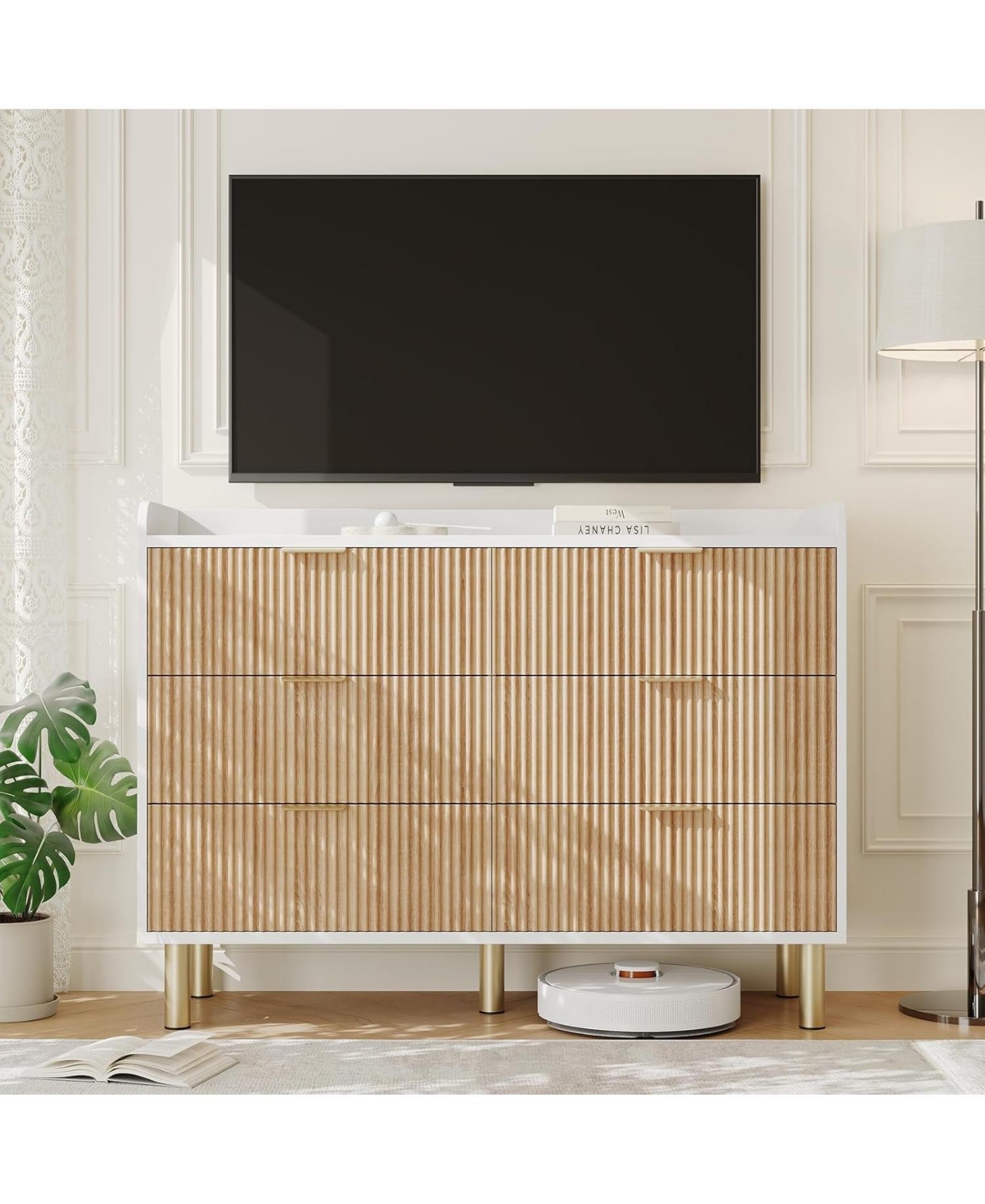 gaomon Dresser for Bedroom, 47.2" Fluted Wood Double Dresser with Metal Handles Curved Design Wide Storage Organizer Cabinet