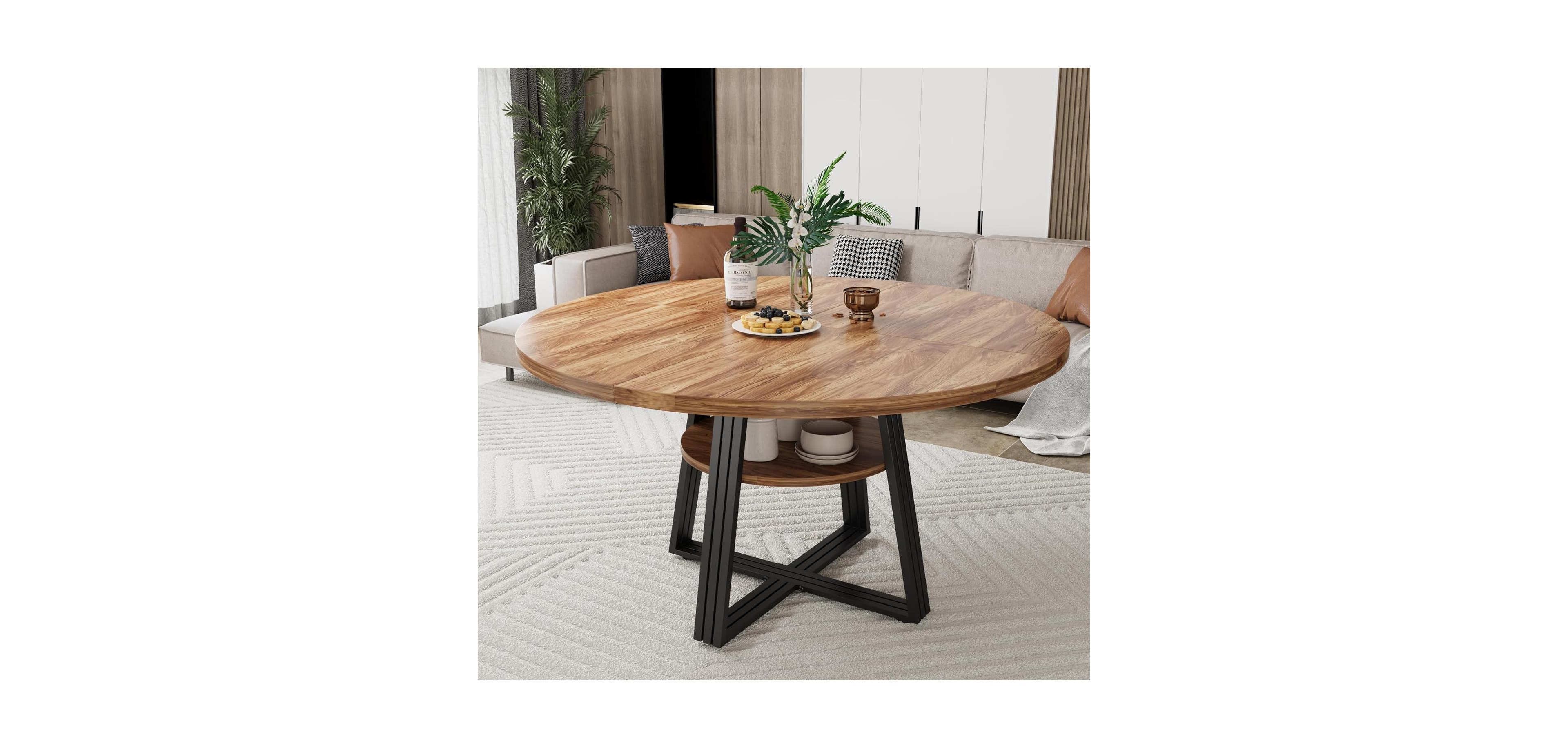 gaomon Round Dining Table for 4-6 47.2 Inch Farmhouse Kitchen Table with Storage Circle Dinner Tables for Kitchen Dining Room Living Room