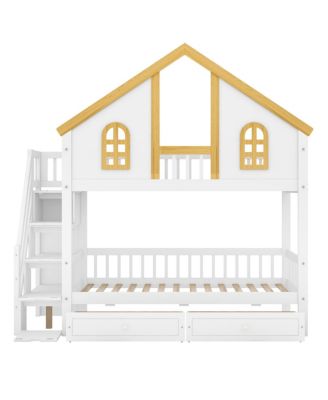 Twin Size Wooden House Bunk Bed with Window, Door, Roof, Drawers & Stairs