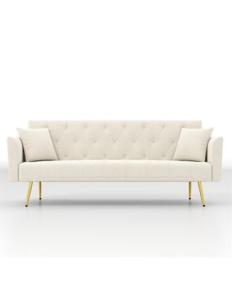 Modern 72" foldable sleeper sofa, beige velvet, retro style.