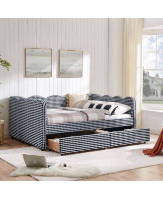 Cozy Gingham Daybed with Storage Drawers, USB Port & Wave Design