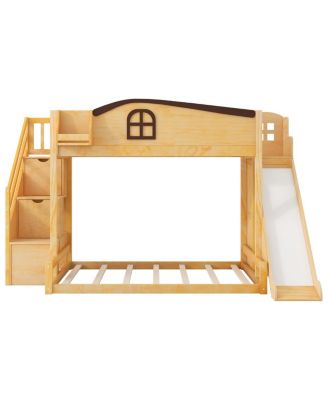 Twin over Full Bunk Bed with Storage Stairs, Shelf, Slide & Wardrobe
