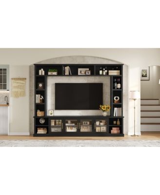 Entertainment Center Wall Unit for TVs up to 80" with Bookshelves & Glass Doors