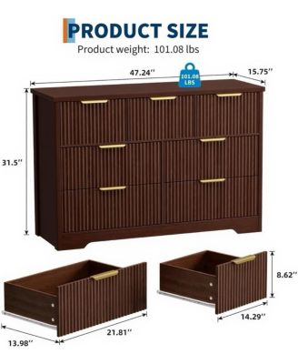 Wide 7 Drawer Wooden Dresser with Fluted Design and Metal Handles, Modern Bedroom Chest or TV Stand
