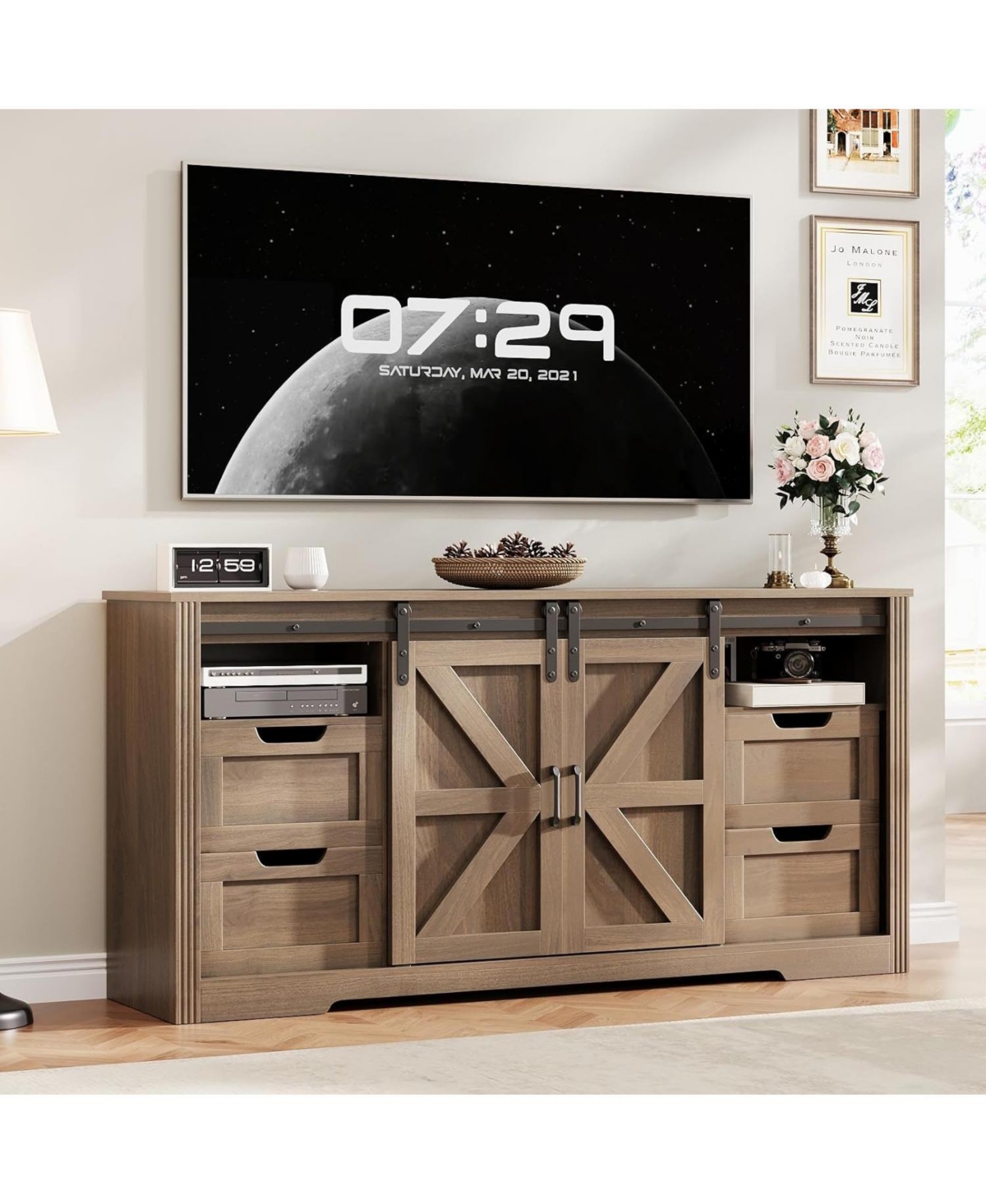 gaomon Farmhouse Tv Stand for Up to 70 TVs, 66 Entertainment Center w/4 Drawers & Sliding Barn Door