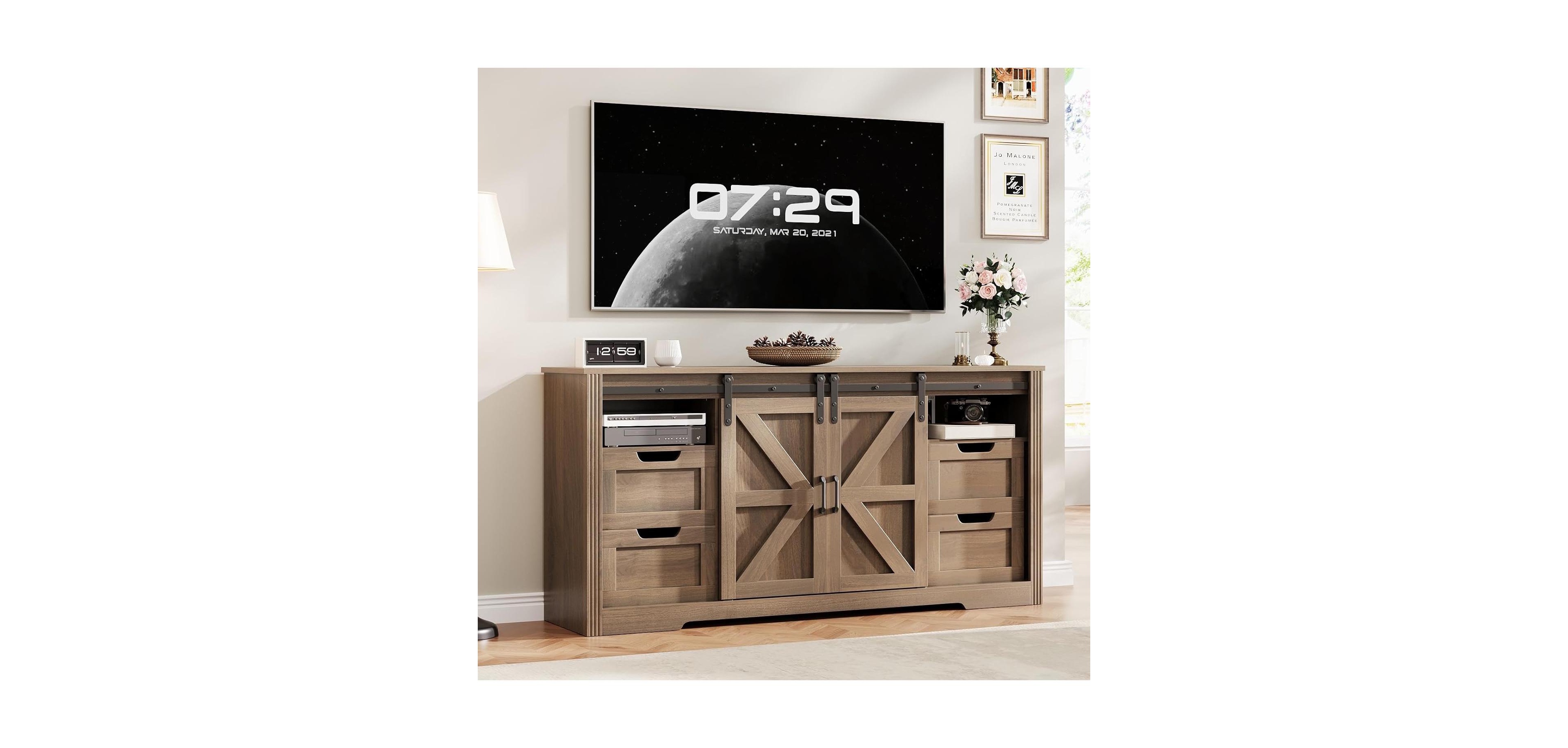 gaomon Farmhouse Tv Stand for Up to 70 TVs, 66 Entertainment Center w/4 Drawers & Sliding Barn Door