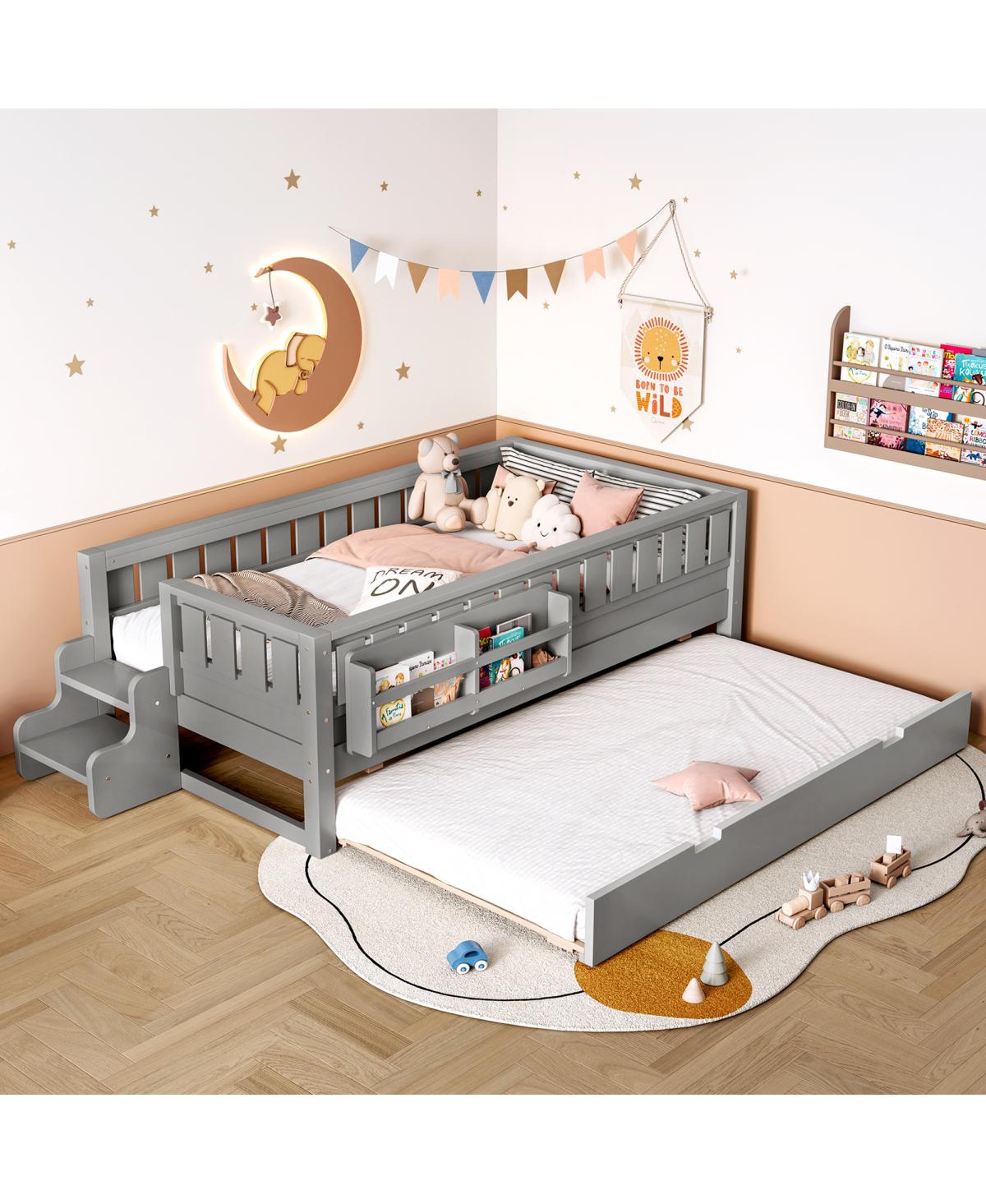 Streamdale Furniture Twin Bed with Bookshelves, Staircase, Trundle.