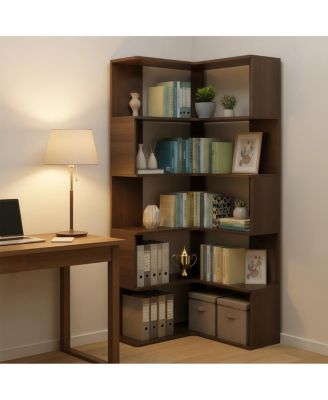 6 Tier L-Shaped Bookshelf, 66" Tall Walnut Open Display Shelf