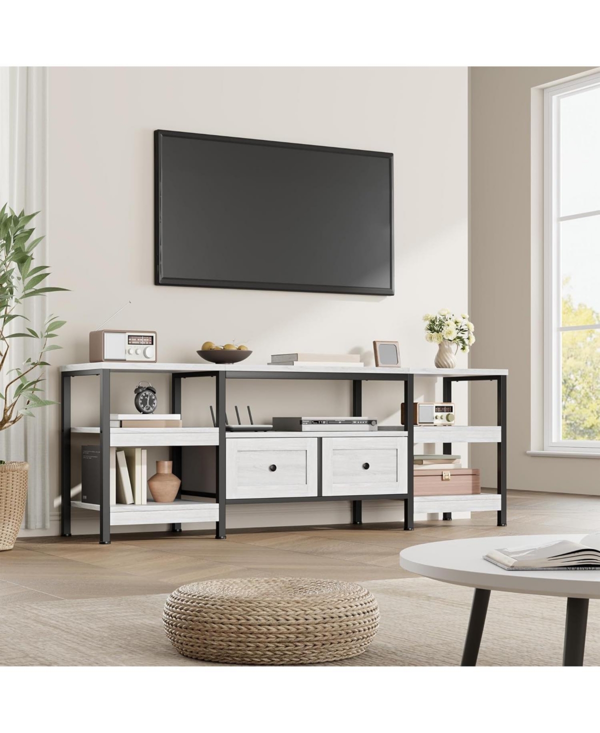 gaomon Modern-Industrial Tv Stand with 2 Fabric Drawers, Entertainment Center for TVs
