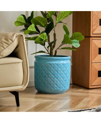 Handmade Ceramic Flowerpot Set of 3, Blue Geometric Pattern, 15/12/9 Inch Diameter