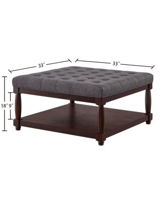Large Square Tufted Linen Ottoman Coffee Table with Solid Wood Shelf