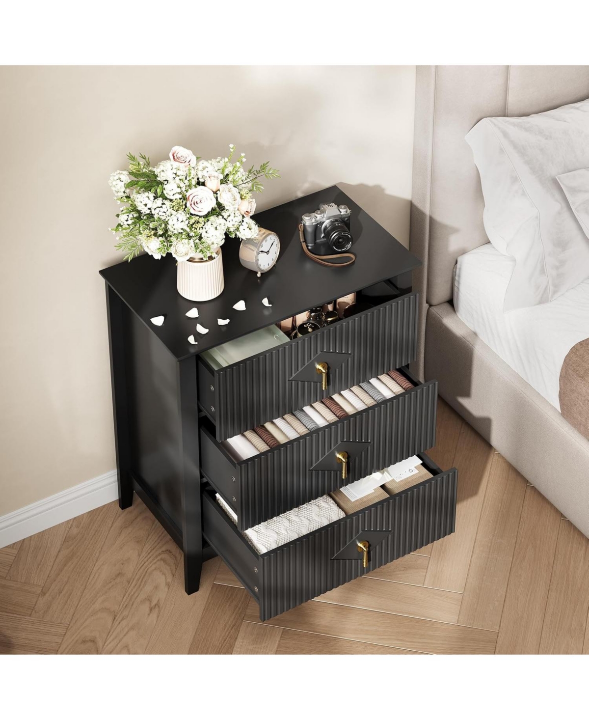 gaomon 2Pcs Fluted Nightstand, 27.5" Wide Bedside Table with 3 Large Storage Drawers, Modern Night Stand with Metal Handle, Wooden End Table