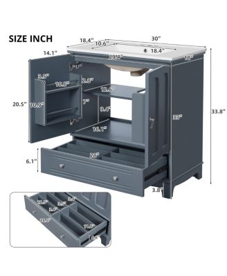 30"  Bathroom Vanity with Integrated Sink, Solid Wood & MDF Cabinet, Adjustable Shelf, Modern Storage