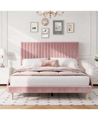 Upholstered Platform Velvet Bed Frame with Headboard,Strong Wooden Slats Support