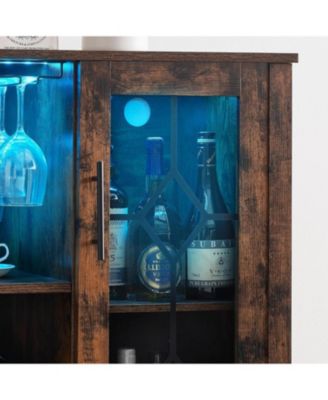 Wine Bar Cabinet with LED Light and Detachable Rack Wine Cabinet with Mesh Door Liquor Cabinet with Glass Holder Coffee Bar for Liquor