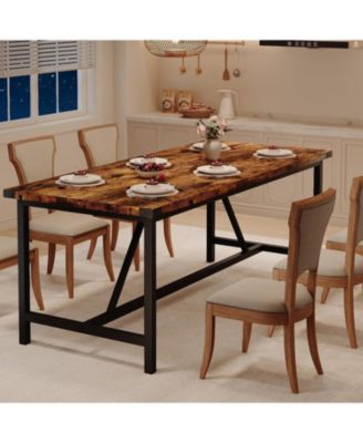 70.87 Inch Large Farmhouse Dining Table with Wood Grain Engineered Panels and Sturdy Black Metal Legs Seats 6-8 Dual Use