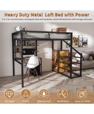 Full Size Loft Bed w Desk and Wardrobe Heavy Duty Metal Frame Built In Charging Station