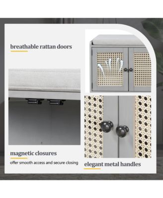 Rustic Storage Bench - Wood Shoe Cabinet Storage Ottoman with Removable Cushion, Woven Rattan Doors, Adjustable Shelves for Hallway