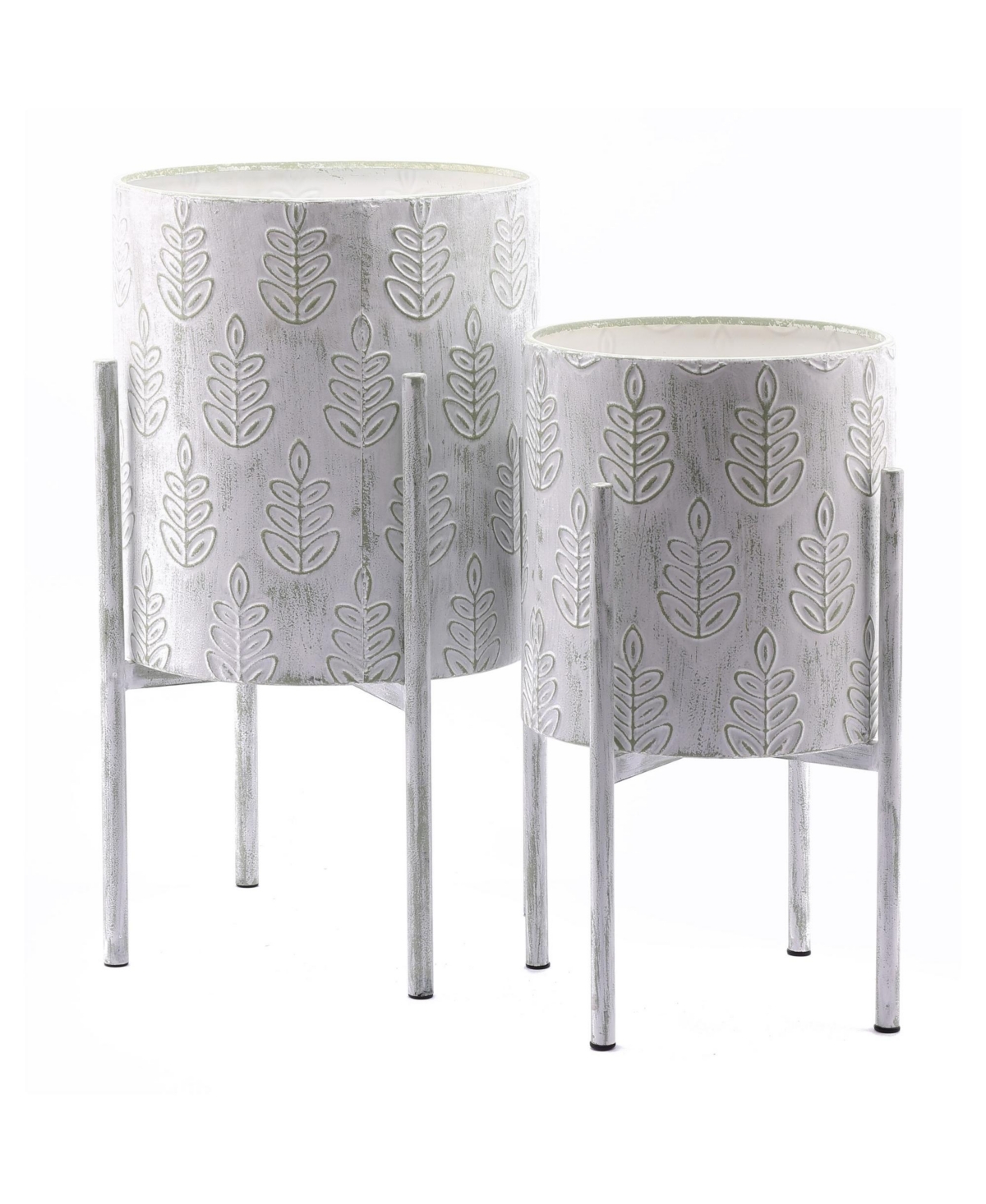 LuxenHome Set of 2 Leaf Embossed Metal Cachepot Planters Stand