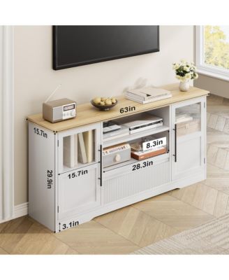 TV Stand for 75 Inch TVs, Retro Media Console with Glass Cabinets & Open Shelves, Farmhouse Modern Entertainment Center