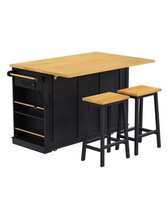 53" Kitchen Island w/ 2 Stools, Power Outlet, Storage, Cart on Wheels, Drop Leaf