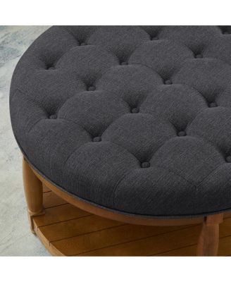 Large Tufted Linen Ottoman Coffee Table with Solid Wood Shelf
