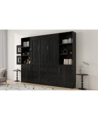 Queen size wooden Murphy Bed with Storage Shelves and Cabinets