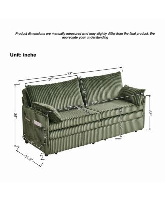 73" Convertible Sofa Bed with Side Pocket & USB Ports, Modern Corduroy Couch