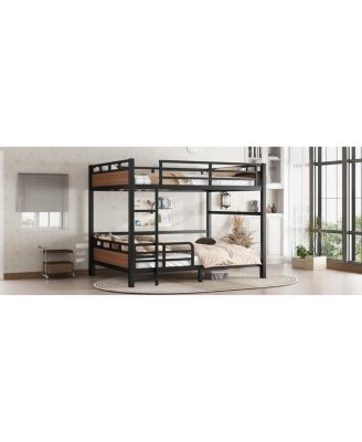 Queen/Queen Metal Bunk Bed, Separable Loft Bed with Fence