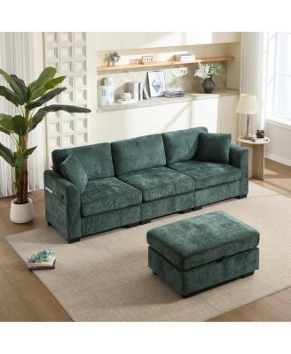 Modern Storage Sofa with Dual USB, 2 Side Pockets, Ottoman Storage Bench