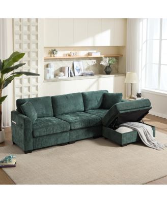 Modern Storage Sofa with Dual USB, 2 Side Pockets, Ottoman Storage Bench