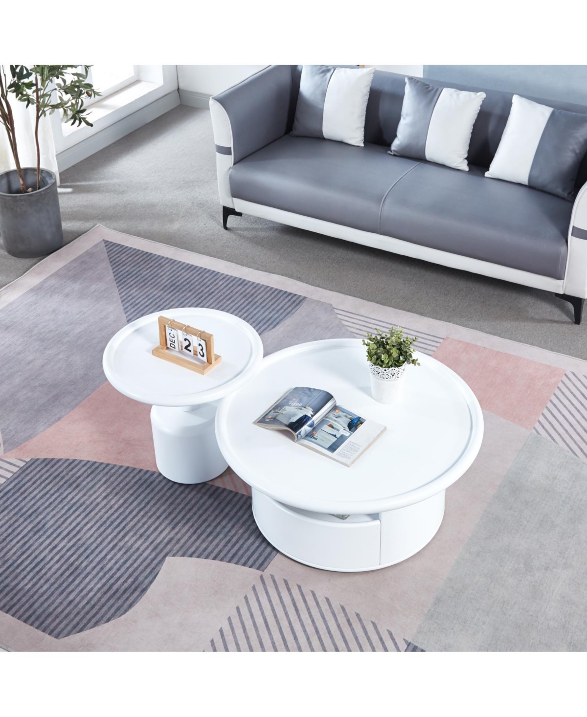 Streamdale Furniture 2 Pieces White Mdf Round Coffee Table Set For Living Room, Bedroom