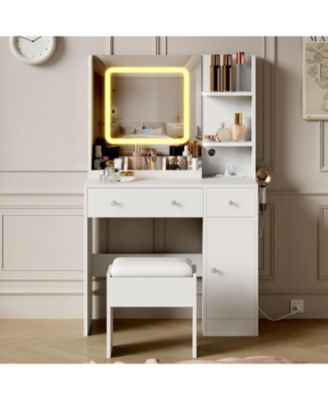 Vanity Desk with Mirror - Makeup Desk with Lights in 3 Colors - Girls Vanity Table with Charging Station/3 Drawers/3 Storage Shelves