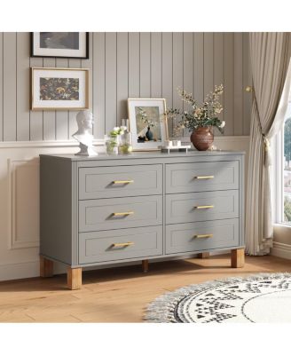 6-Drawer Gray Double Dresser with Metal Handles & Solid Wood Legs