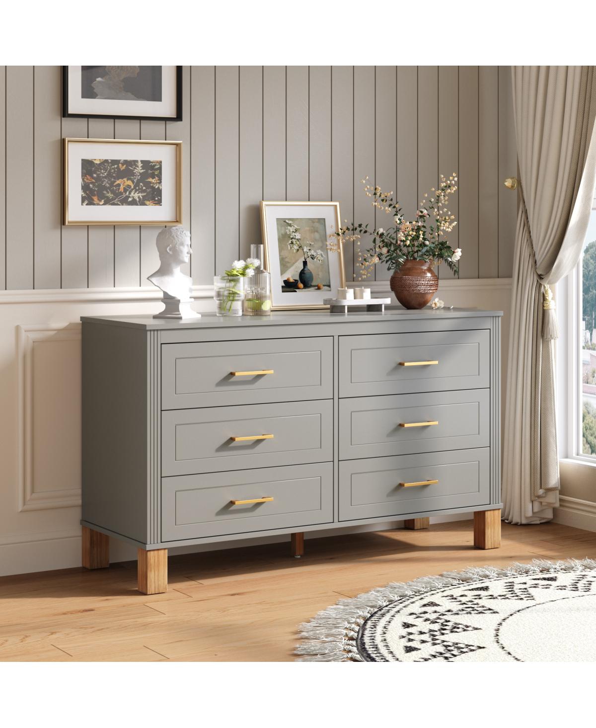Streamdale Furniture 6-Drawer Double Dresser with Metal Handles & Solid Wood Legs