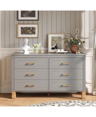 6-Drawer Gray Double Dresser with Metal Handles & Solid Wood Legs