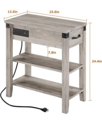 End Table with USB Ports and Outlets, Flip Top Side Table Narrow Bedside Table with Drawer and Storage Shelves for Living Room