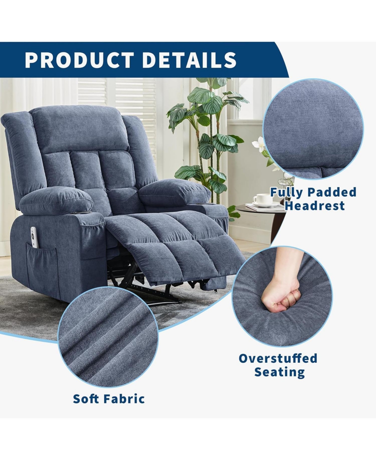 gaomon Large Recliner Chair, Manual Reclining Sofa with Massage and Heat, Comfy Sofa Chair with 3 Positions, 2 Side Pockets